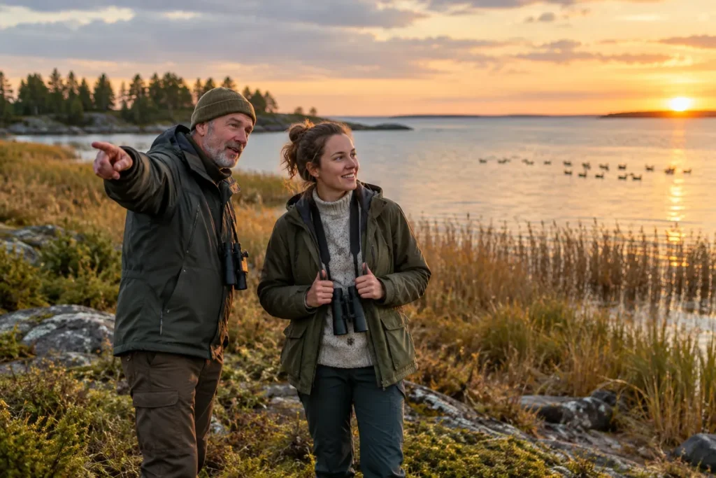 En äldre man och en ung kvinna på en strand i solnedgången där mannen pekar ut över vattnet och berättar medan hon lyssnar