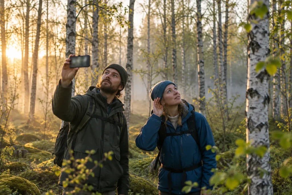 Två personer i en björkskog i gryningen där den ena spelar in fågelsång med mobilen och den andra lyssnar med handen bakom örat