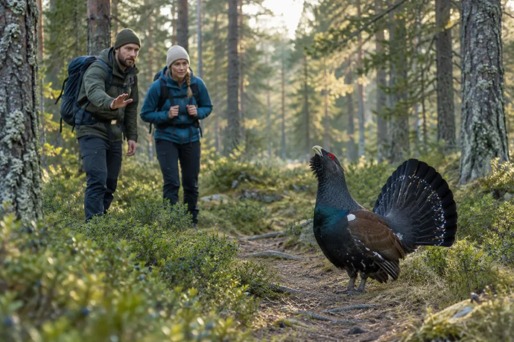 Två vandrare i en gammal tallskog stannar när en tjädertupp spelar på stigen framför dem och den ena signalerar att de ska hålla sig undan