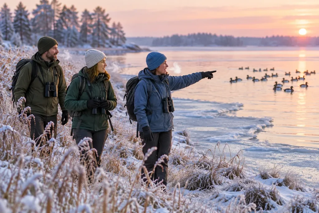 Tre fågelskådare i snö går längs en frostig strand med is i kanten och en pekar mot en flock änder i det öppna vattnet